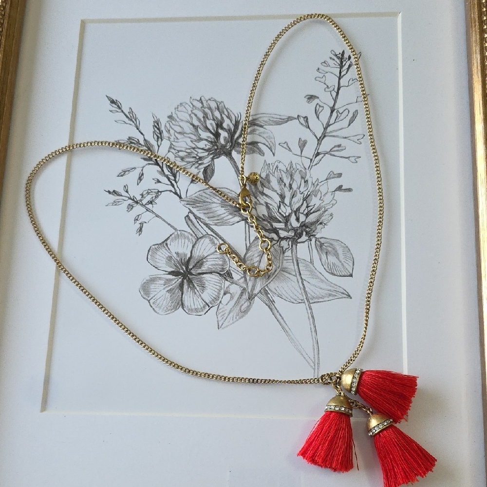 J. CREW Gold Necklace with Red Tassels